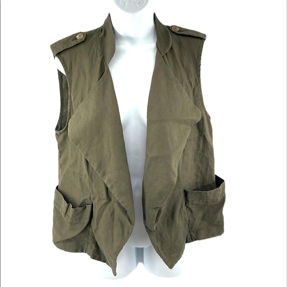 Kut from the Kloth earthy linen vest pockets open front small EUC drab olive